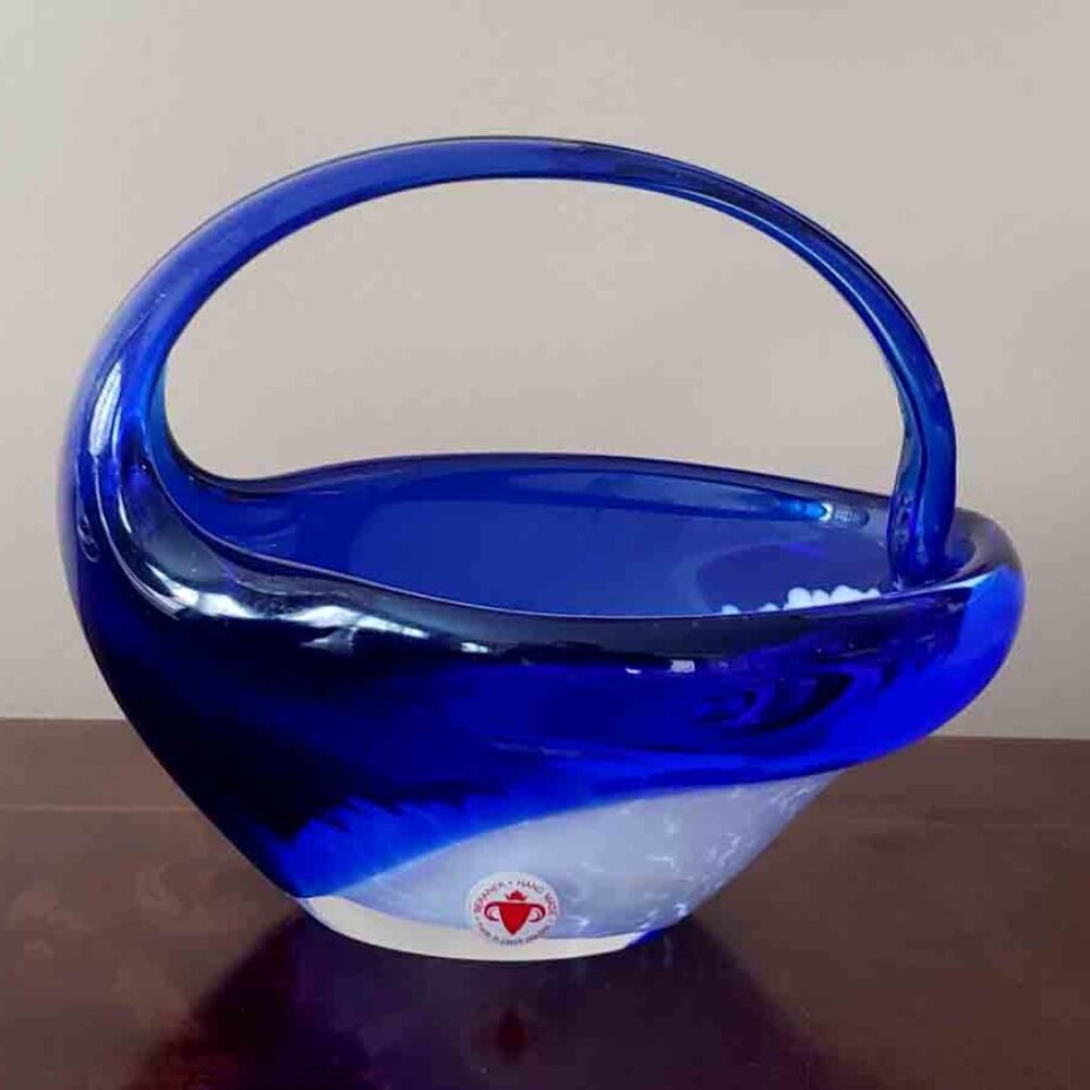 Beranek Cobalt Blue and White Art Glass Basket Czech Republic NEW